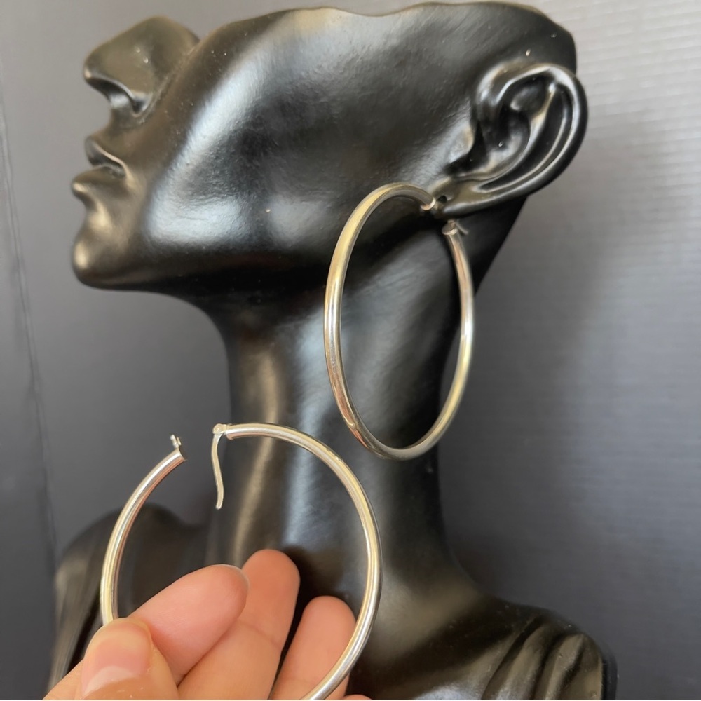 Sterling Silver 2 Inch Hoop Earrings Round Marked 925 - Picture 2 of 3